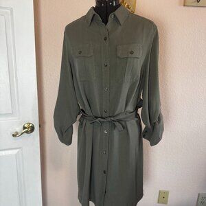 Odille Army Green 100% Silk Shirt Dress from Anthropologie Medium